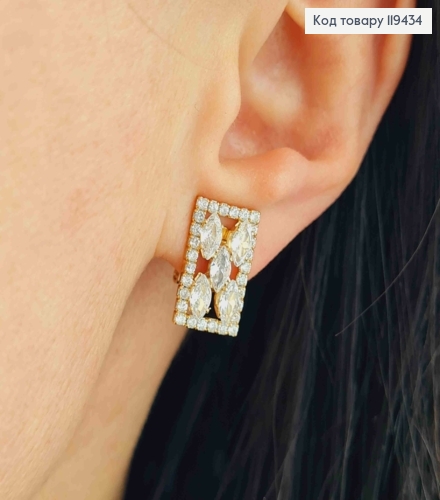 Серьги - клипсы прямоугольные с Блестящими камешками, 1,6см, Xuping 18К 119434 фото 1