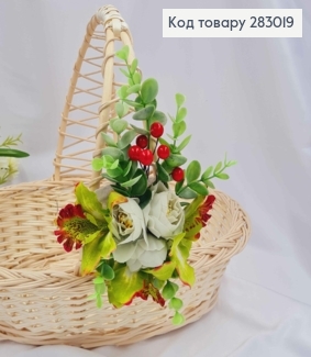Пов"язка для кошика Орхідеї з Трояндами, зеленью та червоною калиною, розмір 14*17см на зав'язках 283019 фото