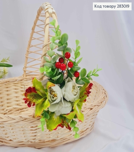 Пов"язка для кошика Орхідеї з Трояндами, зеленью та червоною калиною, розмір 14*17см на зав'язках 283019 фото 1