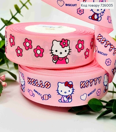 Стрічка репсова, РОЖЕВА з HELLO KITTY (в асортименті), ширина 2,5см, довжина 25 ярдів (23метри) 726005 фото 1