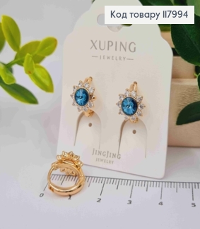 Сережки кільця "Квітка" з Синім камінцем сваровськи, 1,3см, Xuping 18K 117994 фото