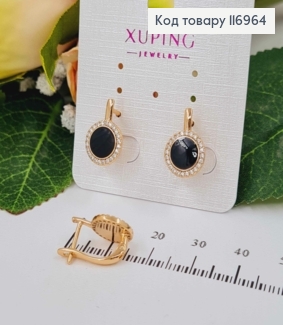 Серьги с черной эмалью в обедочку из камней, 1,5см, англ. зам. Xuping 18K 116964 фото