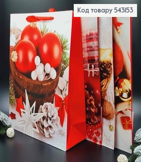 Пакет бумажный, "Новогодние игрушки в красных тонах" в ассорт. 30*40*12 см 543153 фото