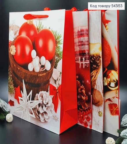 Пакет бумажный, "Новогодние игрушки в красных тонах" в ассорт. 30*40*12 см 543153 фото 1