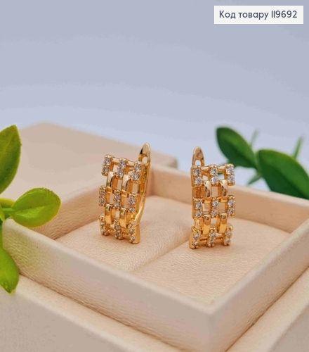 Серьги Прямоугольные Ажурные с Блестящими камешками, дл. 1,4см, англ. застежка, Xuping 18К 119692 фото 3