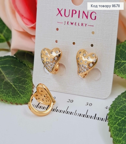 Серьги кольца, с Сердечком в камешках, 1,5см, диаметр 1,5см, Xuping 18K 116711 фото 2