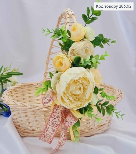 Декоративна пов'язка для кошика з МОЛОЧНИМ Піоном, квітами, зеленью та бантиком,22*13см на зав'язках 283012 фото 1