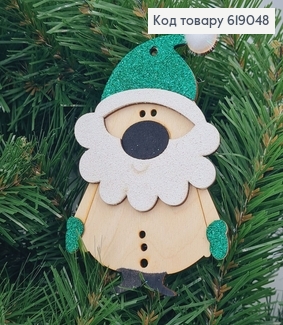 Игрушка на елку деревянная Дед Мороз с зеленой шляпой 11*8 см 619048 фото