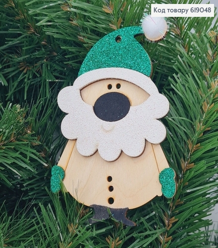 Іграшка на ялинку  дерев'яна Дід Мороз з зеленим капелюхом 11*8 см 619048 фото 1