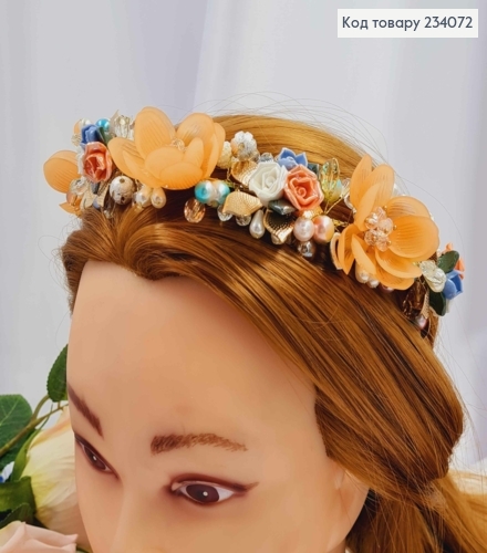 Гілочка у волосся, ручної роботи, з квітами світло-мандаринового кольору 234072 фото 1