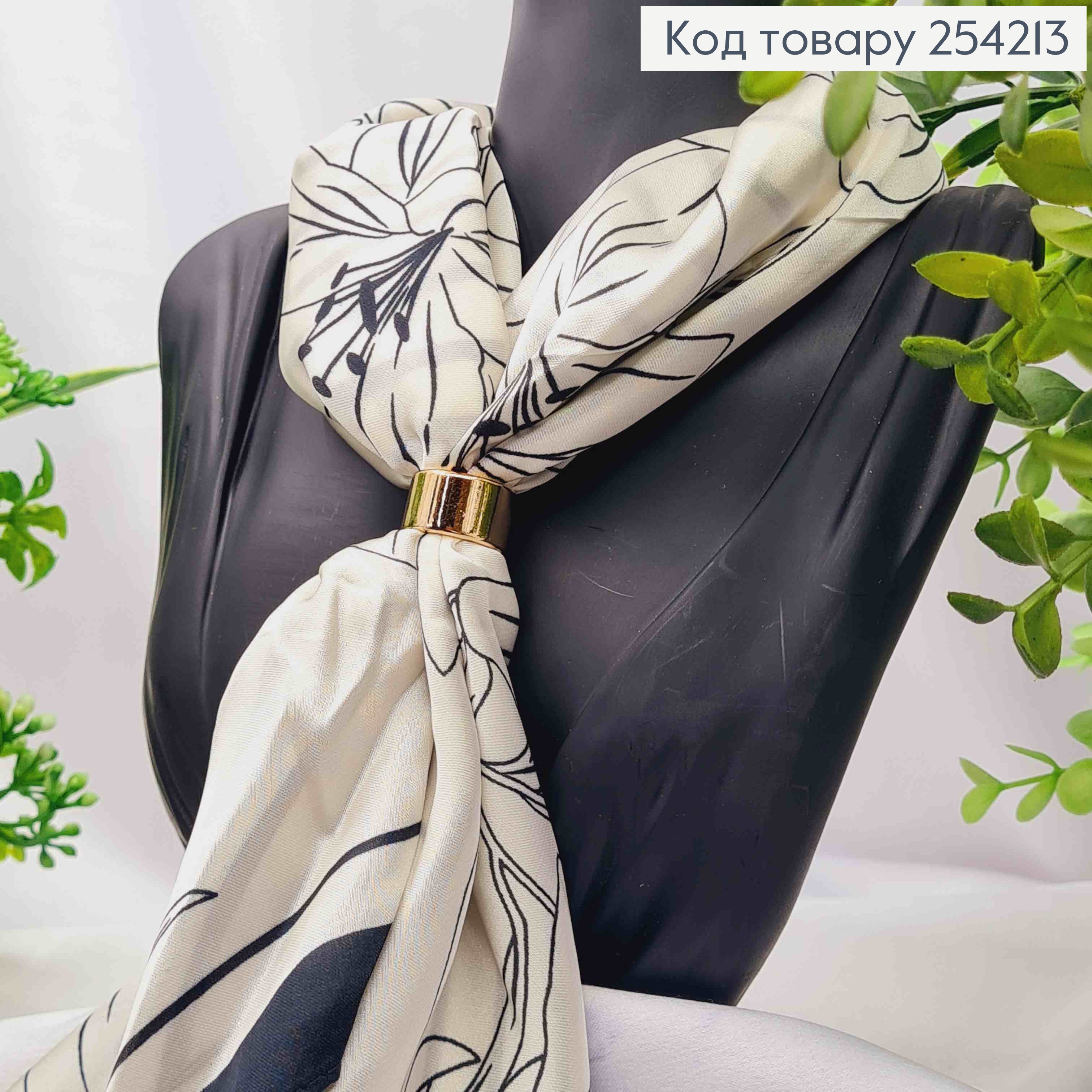 Платок с колечком, цвета Айвори с рисунком "Цветок", 70*70см, 100% полиэстр (шелк) 254213 фото 2