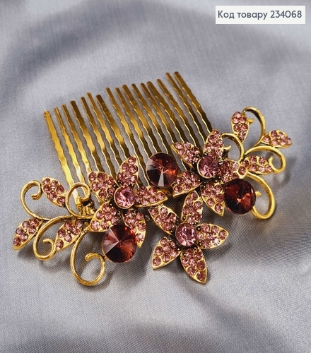 Гребень для волос "Цветочек" под золото, с камешками розового цвета 10см. 234068 фото 2