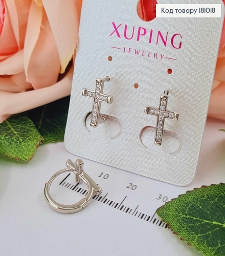 Сережки кільця родовані, 1,5см, з хрестиками в камінцях  Xuping  181018 фото 1