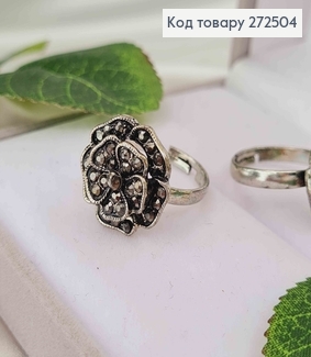 Перстень срібного кольору (чорнений під старовину ) "КВІТОЧКА " в камінцях з регуляцією розміру (17- 272504 фото