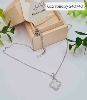 Цепочка серебряного цвета, с подвеской Van Cleef с Белой эмалью, 40+5см, сталь Stainless Steel 240740 фото