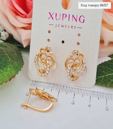 Серьги "Роза" в камнях, 1,6см, англ. застежка, Xuping 18K 116157 фото 1