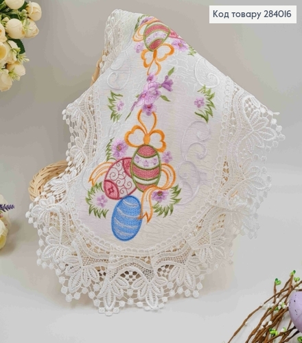 Пасхальная салфетка, с белым кружевом и вишивкой  "Крошечки и цветы", овальная 33*47см 284016 фото 1
