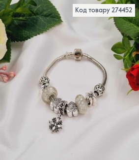 Браслет срібного кольору "ПАНДОРА" (сердечка, квіточки), біжутерія 274452 фото