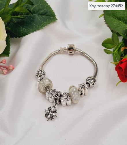 Браслет срібного кольору "ПАНДОРА" (сердечка, квіточки), біжутерія 274452 фото 1