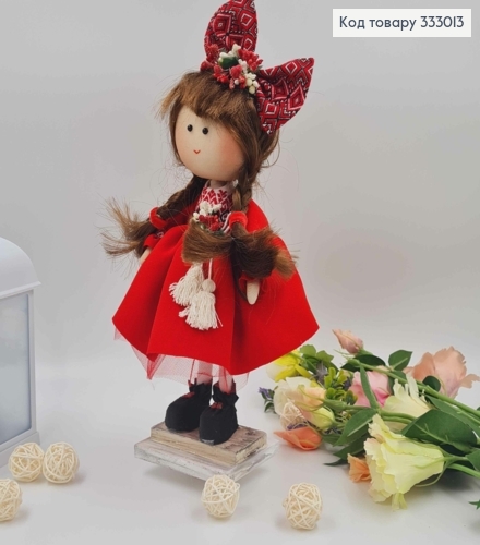 Лялька ДІВЧИНКА з бантиком на голові та в червоній сукні, висота 32см,ручна робота, Україна 333013 фото 1
