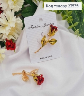 Брошка "Квітка Червоної Троянди", розмір 5,5см, золотого кольору 235351 фото