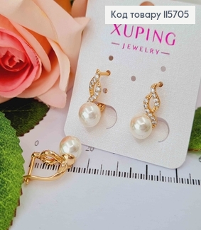 Сережки, косичка в камінцях з перлинкою,1.7см. англ заст. Xuping 18K 115705 фото