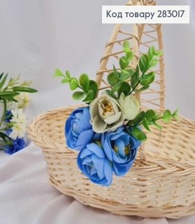 Декоративна пов'язка для кошика з Блакитними і Молочними квіточками та зеленью, 10*15см на зав'язках 283017 фото