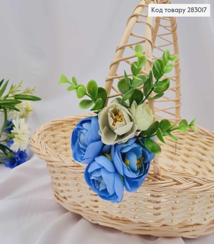 Декоративна пов'язка для кошика з Блакитними і Молочними квіточками та зеленью, 10*15см на зав'язках 283017 фото 1