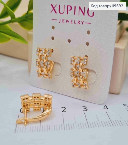 Серьги Прямоугольные Ажурные с Блестящими камешками, дл. 1,4см, англ. застежка, Xuping 18К 119692 фото 2