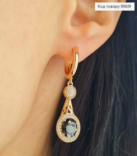 Серьги кольца (1,3см) с подвижной подвеской с Черным камнем, 2,3см, Xuping 18К. 119619 фото 1