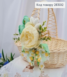 Декоративна пов'язка для кошика з МОЛОЧНИМ піоном та квітами, 17*13см на зав'язках 283012 фото