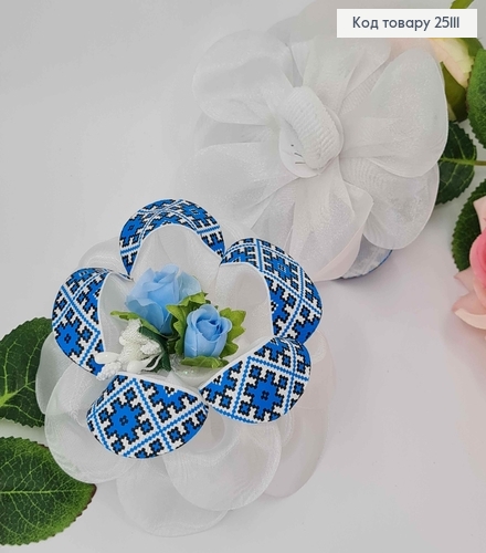 Резинка Бант квіточка в синьому орнаменті з квіточками в середині, ручна робота Україна 25111 фото 1