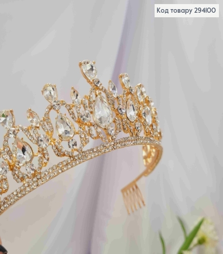 Диадема роскошная "Хюрем" украшена Блестящими камешками, в золотом цвете, 5,3см наивысшая точка 294100 фото 2