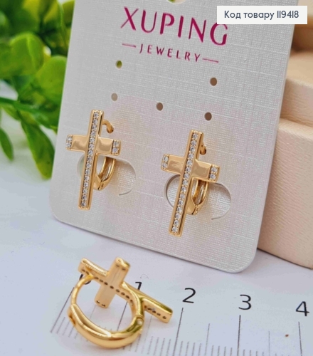 Сережки кільця з  Хрестиком в камінцях (1,7*1,1см), діаметр 1,2см, Xuping 18К 119418 фото 2