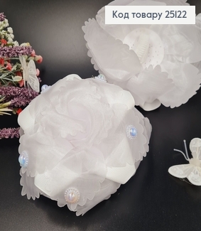 Резинка Бант белый с белым цветком в центре 13 см, ручная робота Украина  25122 фото