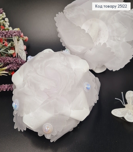 Резинка Бант білий з білою квіткою в середині 13 см, ручна робота Україна 25122 фото 1