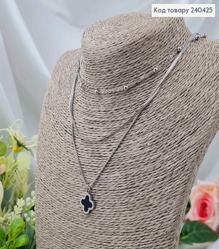 Ланцюжок потрійний, Van Cleef, Чорна підвісочка, з кульками, довж. 40+5см, Stainless Steel 240425 фото 1