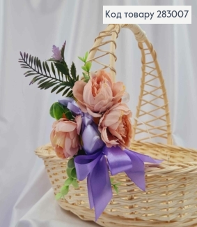Повязка для корзины Сиреневая с зайкой и цветами, размер 10*14см, на завязках 283007 фото