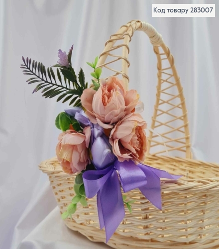 Повязка для корзины Сиреневая с зайкой и цветами, размер 10*14см, на завязках 283007 фото 1