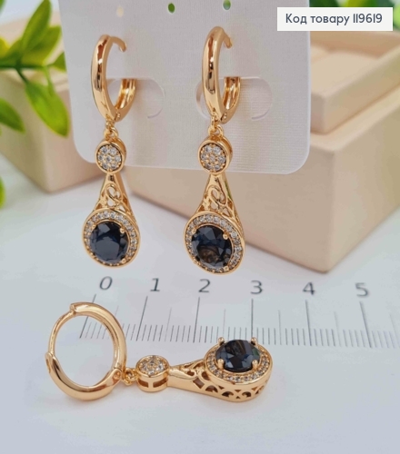 Серьги кольца (1,3см) с подвижной подвеской с Черным камнем, 2,3см, Xuping 18К. 119619 фото 2