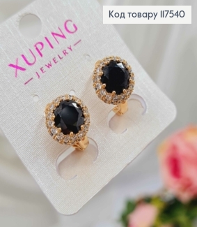 Серьги кольца с Большим Черным Камнем в оправе из камешков, 1,6см, Xuping 18K 117540 фото
