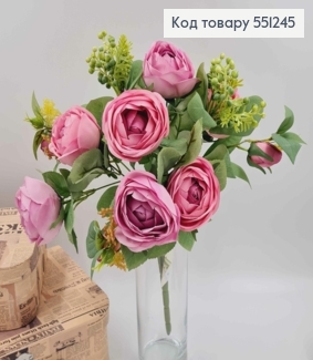Композиция "Букет розовые и лиловые розы Камелия с зеленым декором", высотой 46см 551245 фото