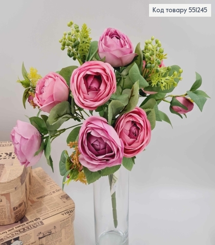 Композиция "Букет розовые и лиловые розы Камелия с зеленым декором", высотой 46см 551245 фото 1