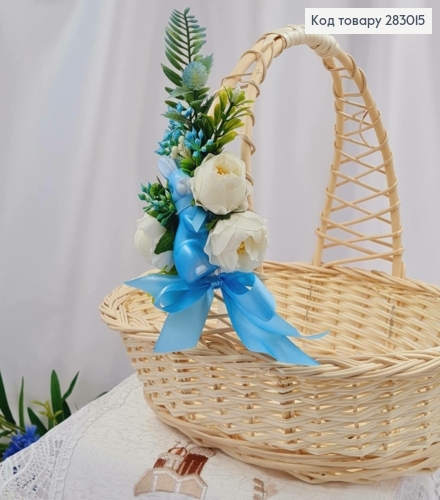 Декоративна пов'язка для кошика БЛАКИТНА з зайчиком та  квітами, 16*10см на зав'язках 283015 фото 1