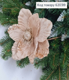 Квітка Різдвяна Магнолія блиск ПУДРА д.16см, на металевому стержні 15 см 620319 фото