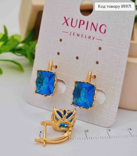 Серьги с квадратным изысканно-голубым камнем, дл. 1,5см, английская застежка, Xuping 18K 119971 фото 2