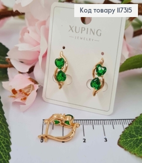 Сережки з двома камінцями у вигляді Серця зеленого кольору 1,8см, англ застіба, Xuping 18К 117315 фото