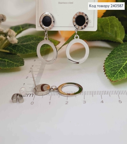Сережки гвоздики, Римський годинник з чорною емаллю та підвіскою кільцем, срібні, Stainless Steel 260059 фото 2