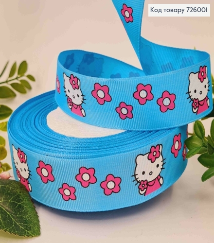 Стрічка репсова, БЛАКИТНА з HELLO KITTY, ширина 2,5см, довжина 25 ярдів (23метри) 726001 фото 1