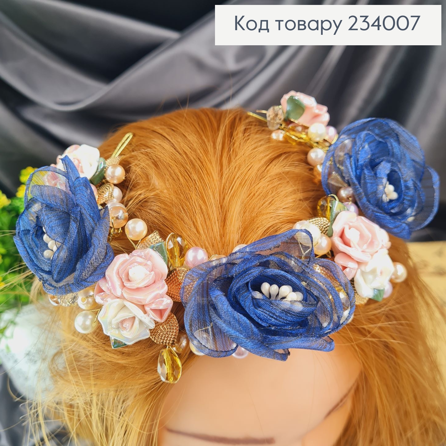 Гілочка  в волосся ручної роботи з синіми квітами 234007 фото 2